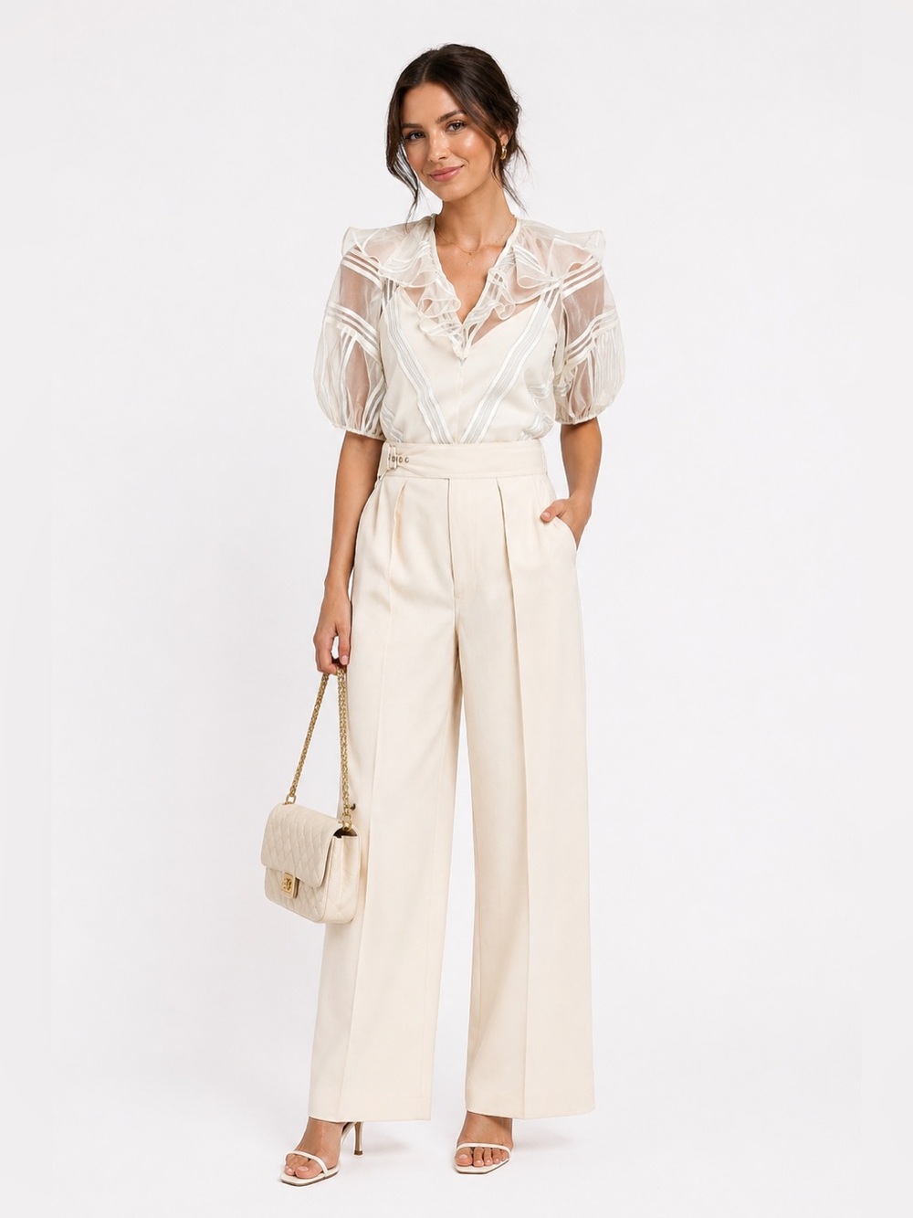 Rebecca Taylor Sheer Ruffle V-Neck Blouse in Cream